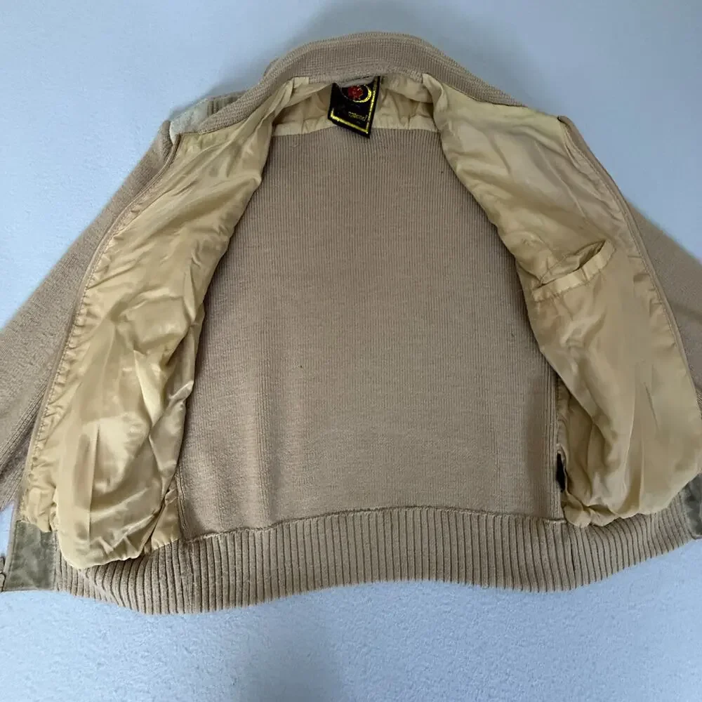 Richmond Men’s L Genuine Leather Front Knit Zip Sweater Jacket Tan Beige